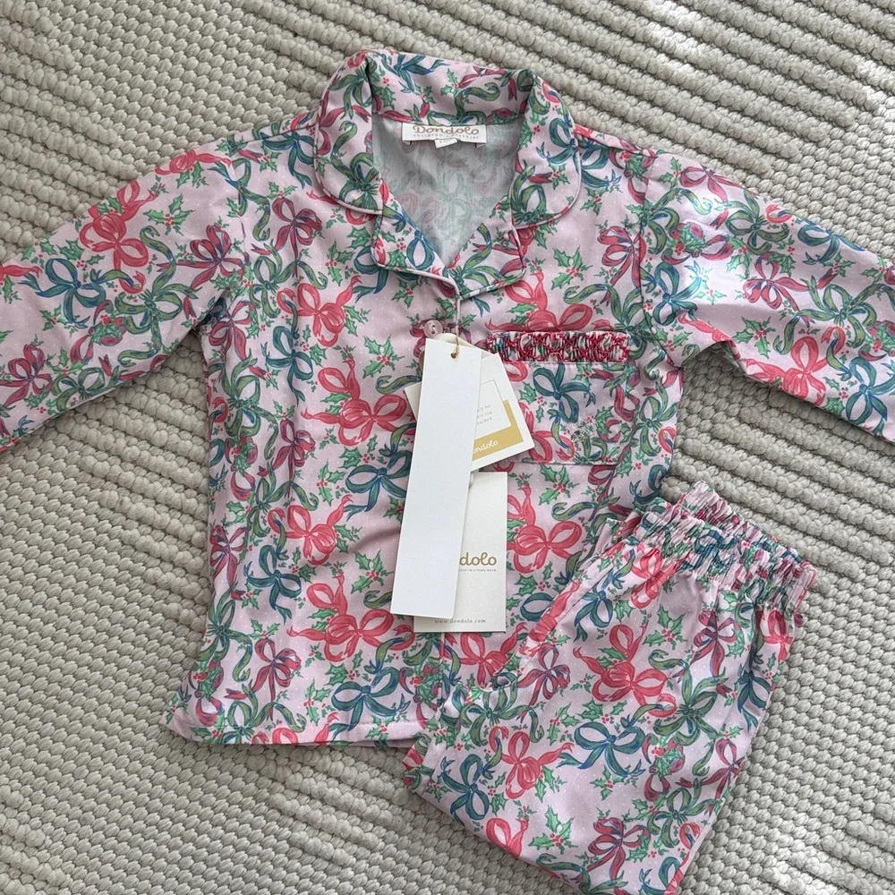 Dondolo Baby Girl Smocked Pajama Set 12M Pink Bow Print NWT Holiday Christmas